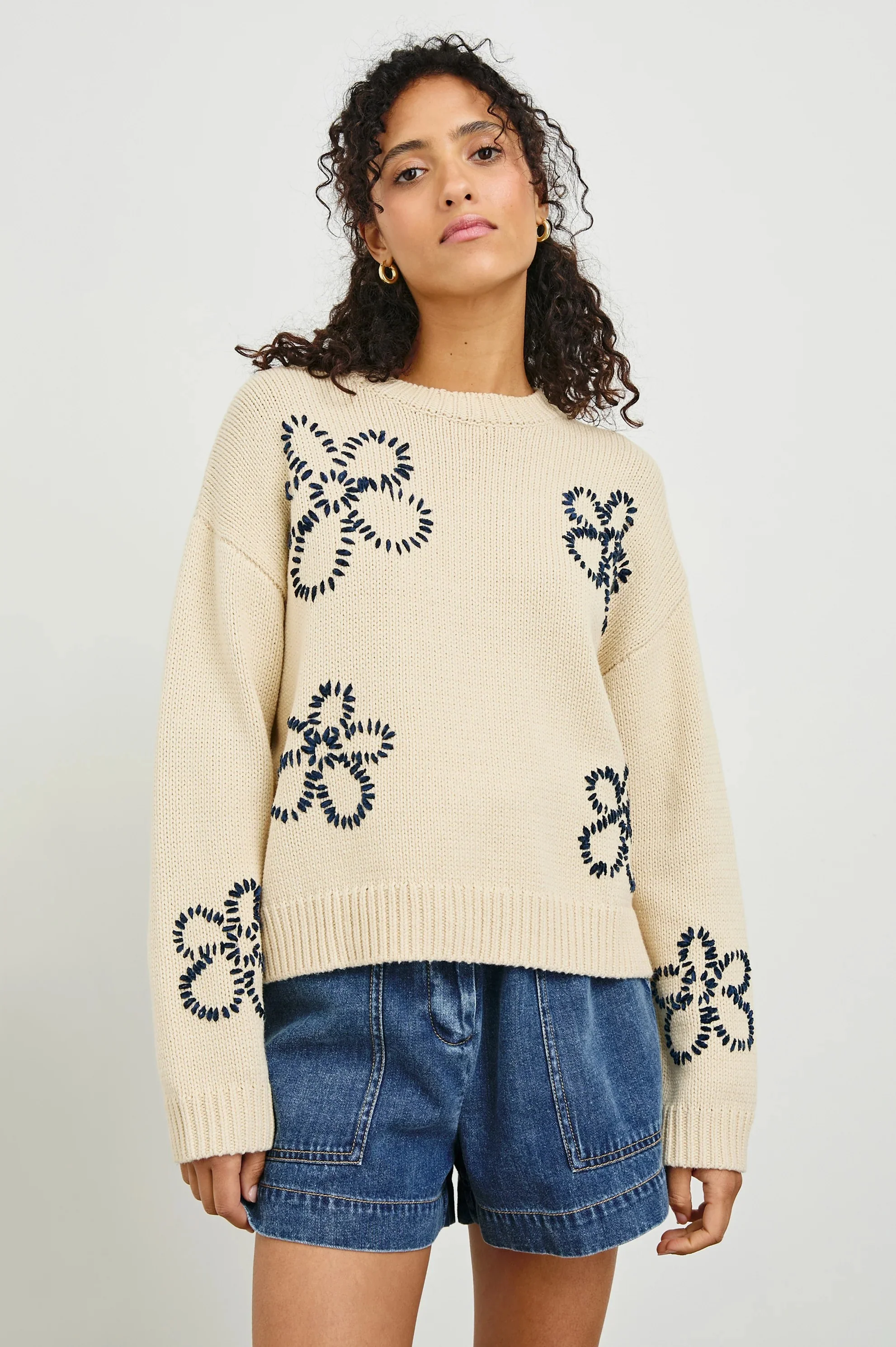 Ivory And Navy Stitched Daisies Zoey Sweater