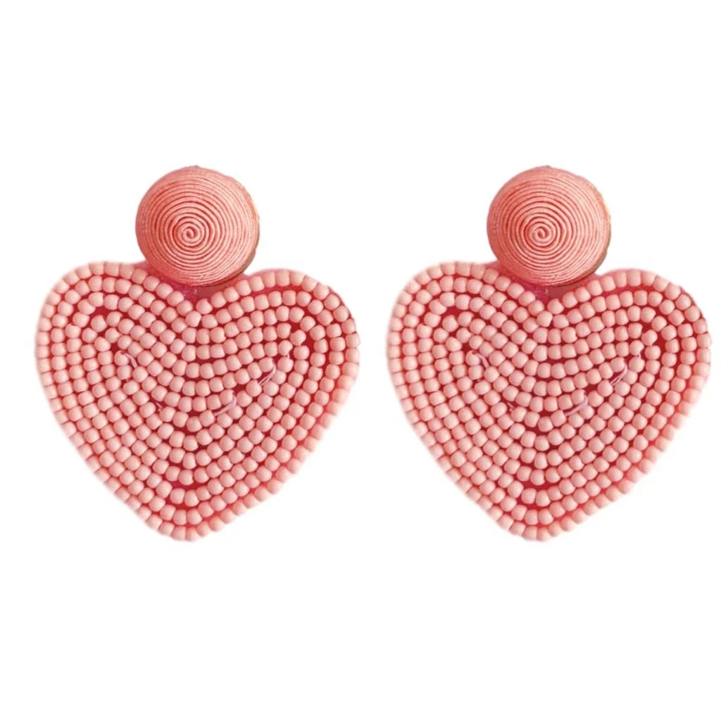 Pink Beaded Heart Drop Earrings